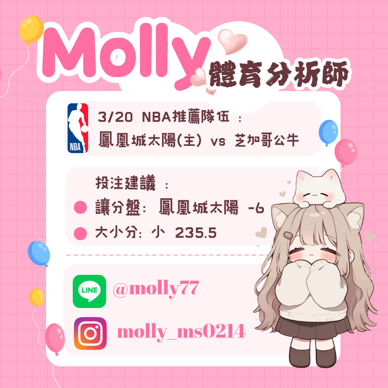 【NBA 賽事分析】Molly-NBA 戰績預測 3/20 鳳凰城太陽(主) vs 芝加哥公牛