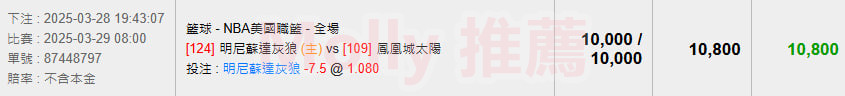 尼蘇達灰狼(主)vs鳳凰城太陽